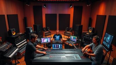 A dynamic digital music studio setup featuring a virtual recording session with producers, musicians, and sound engineers collaborating on a music project, surrounded by mixing boards, studio monitors, and creative instruments, illustrating a professional and collaborative music production environment.