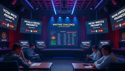 An artistic representation of a virtual writing challenge arena where writers engage in a friendly competition, surrounded by glowing screens displaying creative prompts, word counts, and a leaderboard, evoking a sense of excitement and community spirit.
