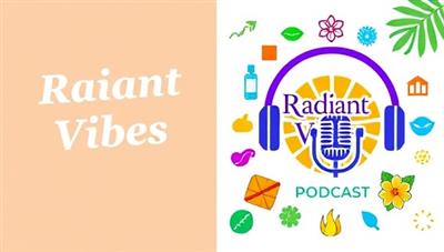 A visually appealing podcast cover design featuring vibrant colors, beauty icons, and wellness symbols, with a microphone and headphones symbolizing the audio content, creating a dynamic and inviting visual representation of the Radiant Vibes Podcast channel.