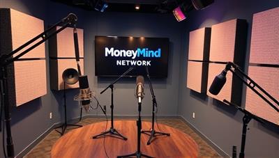 A dynamic and vibrant podcast studio setup with microphones, soundproofing panels, and recording equipment, showcasing a professional and inviting space for hosting insightful conversations and empowering stories on the MoneyMind Network podcasts.