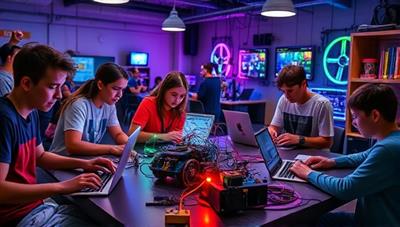 A dynamic tech lab setting with teenagers working on laptops, assembling robots, and experimenting with circuitry, surrounded by colorful LEDs and tech gadgets, creating a futuristic and innovative learning environment.