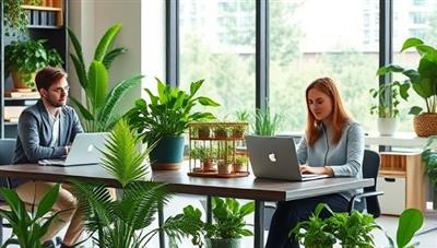 An eco-friendly office setting with sustainable finance consultants working on laptops surrounded by green plants and renewable energy symbols, emphasizing a commitment to environmental responsibility and ethical finance practices.