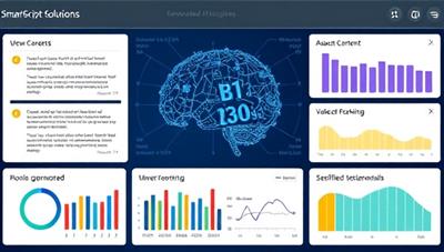 An AI interface displaying various content formats being generated in real-time, with colorful graphs showing performance metrics and satisfied client testimonials, illustrating the efficiency and innovation of SmartScript Solutions.