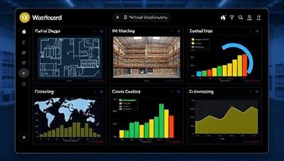 An illustration of a digital dashboard displaying warehouse layout designs, inventory tracking systems, and efficiency metrics, symbolizing the virtual solutions offered by Warehouse Wizardry.