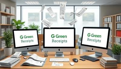 An artistic representation of a paperless office environment with digital devices displaying the GreenReceipts platform, showcasing a clutter-free workspace with virtual receipts floating in the digital space, symbolizing the shift towards eco-friendly accounting practices.