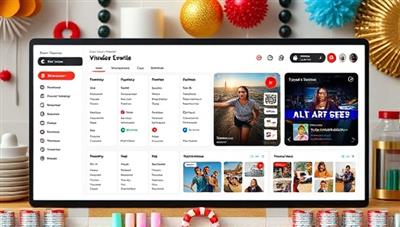 An online event dashboard displaying a virtual event schedule, vendor contacts, and event themes, with a background of festive decorations and party supplies, showcasing the virtual event planning service in a dynamic and celebratory setting.