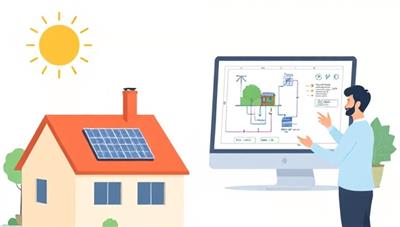 An illustration of a virtual solar panel installation consultation, with a solar system design displayed on a computer screen, a rooftop with solar panels, and a consultant guiding the client remotely, symbolizing remote solar energy solutions.