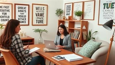 A cozy home office setup with a financial coach conducting a virtual coaching session with a client, surrounded by motivational quotes and financial planning tools, illustrating the supportive and empowering nature of MoneyMind Mentor's services.