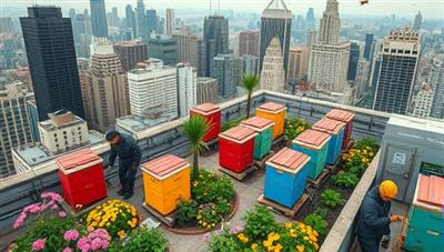 An artistic depiction of a rooftop garden in a bustling cityscape, where urban beekeepers tend to colorful beehives surrounded by blooming flowers, with bees buzzing around, symbolizing harmony between urban life and nature through beekeeping.