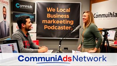 An advertisement collaboration scene showcasing a local business owner discussing marketing strategies with a podcaster, surrounded by branding materials and podcasting equipment, symbolizing the partnership and promotional potential of CommuniAds Network.
