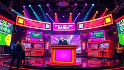 An exciting digital game show set with colorful lights, buzzing buzzers, and a charismatic host inviting players to participate, creating a vibrant and engaging atmosphere.
