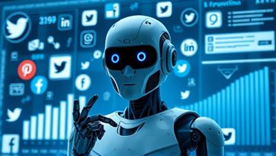 An AI-powered robot brainstorming and creating social media posts on a futuristic digital screen, surrounded by social media icons and engagement metrics, illustrating efficiency and innovation.