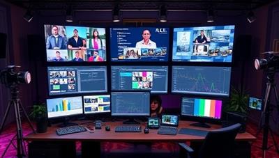 A virtual event control center setup with screens displaying live streams, chat interactions, and event schedules, surrounded by event props and decorations, creating a dynamic and exciting virtual event planning atmosphere.