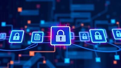 A futuristic visual representation of blockchain technology, with interconnected blocks representing secure document storage, encryption algorithms, and data protection features, symbolizing trust and security in a digital world.