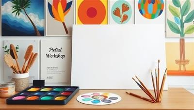 An artistic setup with a colorful palette of paints, paintbrushes, and a blank canvas ready for creation, surrounded by inspirational art pieces and a cozy virtual workshop ambiance, inviting participants to unleash their creativity.