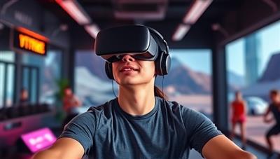 An immersive visual of a user wearing a VR headset, following a virtual fitness coach through a high-energy workout session, surrounded by dynamic virtual workout scenery and motivational cues, illustrating the interactive and engaging nature of VFit Coach.