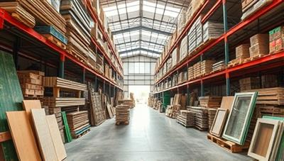 A warehouse stocked with sustainable construction materials such as bamboo flooring, recycled glass countertops, and energy-efficient windows, exuding a commitment to eco-friendly building solutions.