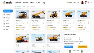 An online marketplace interface displaying a variety of construction equipment available for rent, with detailed specifications, rental prices, and user reviews, showcasing the platform's user-friendly design and equipment selection.