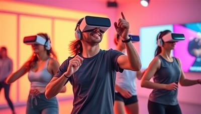 An engaging visual of individuals wearing fitness trackers and VR headsets, actively participating in virtual fitness challenges and interactive games, highlighting the fusion of gaming and physical activity in a futuristic studio setting.