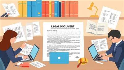 An illustration of a legal document being translated by a team of professionals, with language dictionaries, laptops, and legal terminology guides in the background, showcasing the expertise and precision of legal translation services.