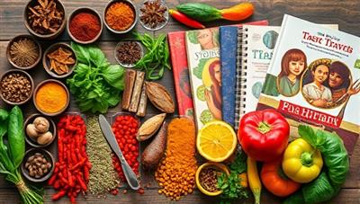 An enticing display of exotic spices, fresh herbs, colorful vegetables, and international cookbooks, evoking the vibrant and flavorful culinary journey offered by Taste Travels' subscription boxes.