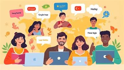 A vibrant digital illustration showcasing diverse individuals engaging in online language exchange sessions, with speech bubbles in different languages and cultural symbols in the background, representing global connectivity and language diversity.