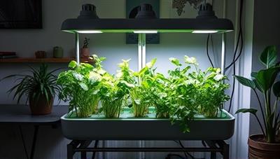 An aesthetically pleasing home setup with a hydroponic system filled with lush greens and herbs, illuminated by grow lights, creating a modern and sustainable indoor farming ambiance that appeals to urban dwellers.