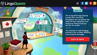 An engaging visual of a user navigating through a virtual language world, solving language puzzles, interacting with characters speaking different languages, and earning rewards for language proficiency milestones, showcasing the fun and educational aspects of LingoQuest's game-based language learning app.
