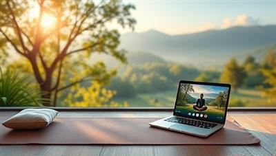 A tranquil virtual retreat setting with a serene backdrop of nature, a yoga mat, meditation cushions, and a laptop displaying a live wellness session, symbolizing peace and relaxation in a virtual space.
