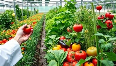 An urban garden overflowing with colorful vegetables and fruits, with a chef's hand reaching for a ripe tomato, showcasing the freshness and vibrancy of the garden-to-table concept.
