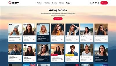 An aesthetically pleasing platform interface showcasing diverse writing portfolios with multimedia elements, testimonials, and engagement metrics, creating a visually captivating and professional showcase for writers and content creators.