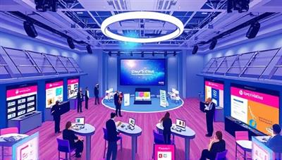 An immersive digital illustration of a virtual event space with interactive booths, networking lounges, and a main stage for presentations, conveying the dynamic and engaging atmosphere of online events hosted on EventSphere's platform.