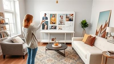 A virtual interior design studio with a designer presenting a mood board and design concept for a client's living room, surrounded by fabric swatches, paint samples, and furniture catalogs, creating a stylish and creative atmosphere for home decor inspiration and transformation.