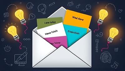 An email inbox filled with colorful envelopes labeled with different writing prompt themes, surrounded by glowing lightbulbs and creative doodles, symbolizing the inspiration and ideas generated by PromptlyWrite's daily prompts.