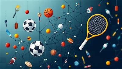 An artistic representation of a blockchain network intertwined with sports symbols like footballs, basketballs, and tennis rackets, symbolizing the fusion of technology and sports betting in BlockBet Sports.
