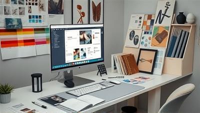 A digital artist's workstation with a sleek computer, design software open, surrounded by color swatches, fabric samples, and artistic sketches, reflecting creativity and innovation in interior design.