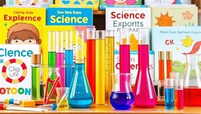 An assortment of colorful test tubes, beakers, and scientific tools arranged in a playful and educational manner, surrounded by children's books on science and exploration, creating a vibrant and stimulating STEM learning environment.