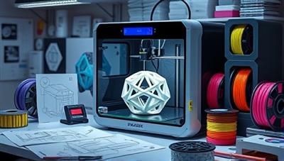 A futuristic workspace with a sleek 3D printer producing a complex geometric design, surrounded by a creative mess of design sketches and vibrant filament spools, illustrating innovation and creativity.