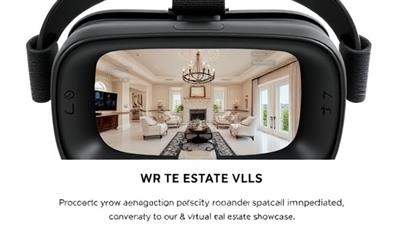 A virtual reality headset displaying a luxurious home interior with interactive navigation buttons and property details, showcasing the immersive experience of VR EstateWalk's virtual property tours and highlighting the convenience and realism of virtual real estate showcases.