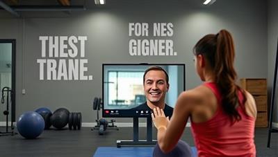 An inspiring visual of a virtual fitness coaching session, showing a trainer guiding a client through a workout routine via a video call, with motivational quotes and fitness equipment in the background, creating a dynamic and energetic atmosphere.