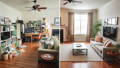 An inviting living room setting with a cluttered and disorganized space on one side and a beautifully organized and functional area on the other, illustrating the transformative effects of professional home organization consultations offered by ClutterClear.