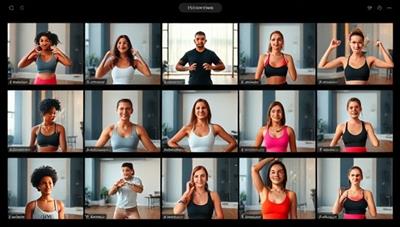 A vibrant online workout class scene with diverse participants following a trainer's instructions on their screens, showcasing energy, motivation, and inclusivity.