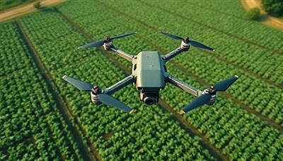 An aerial view of farmland with drones flying over crops, capturing data and imagery for crop monitoring and analysis, showcasing the advanced technology and precision agriculture solutions offered by the drone-based agricultural monitoring platform.