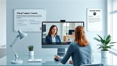 A digital workspace setting with a virtual career coach providing advice and guidance to a client through a video call, with career resources, job listings, and success stories in the background, conveying professionalism and career support.