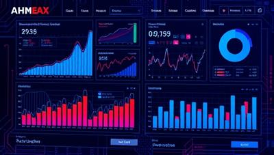 An innovative AI-powered financial analysis platform interface displaying dynamic graphs and charts analyzing business performance, with a futuristic and tech-savvy aesthetic.