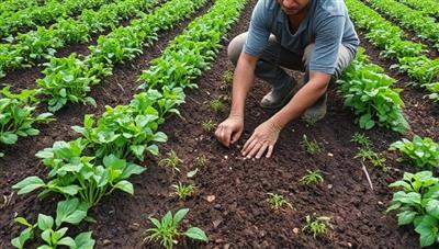 A farmer planting seeds using biodegradable seed tapes in a lush green field, surrounded by flourishing crops and healthy soil, highlighting the sustainability and eco-friendliness of biodegradable planting solutions in agriculture.