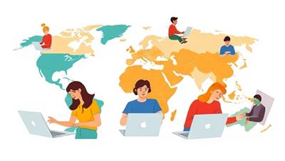 An illustration of diverse volunteers from around the world collaborating virtually on laptops, symbolizing global connection and community impact.