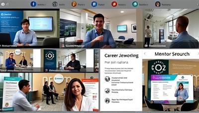 An online career development workshop with professionals participating in a virtual networking session, sharing insights and tips on career advancement and personal branding, with virtual job fair booths and mentorship resources displayed in the background, fostering professional growth and community engagement.