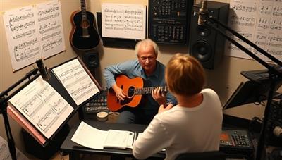 An online music lesson session with a virtual instructor guiding a student on playing a musical instrument, surrounded by music sheets, instruments, and recording equipment, creating a dynamic and immersive learning experience that inspires musical growth and creativity.