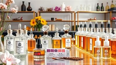 An elegant virtual fragrance lab setup with rows of glass perfume bottles, droppers, and scent strips, surrounded by fresh flowers and aromatic ingredients, evoking a sense of luxury and creativity in fragrance crafting.